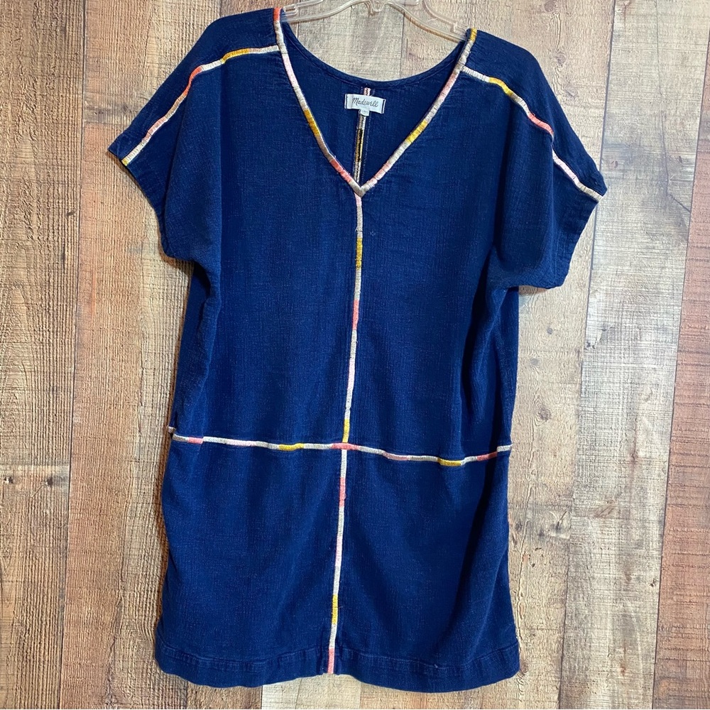 MADEWELL DENIM TUNIC MULTI-COLOR STITCH TRIM V-NECK SHORT SLEEVE SHIRT SZ L
